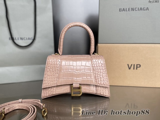 Balenciaga專櫃新款升級版鱷魚紋奶茶色手提包肩背女包 巴黎世家原廠皮版本S號沙漏包 fyj1383