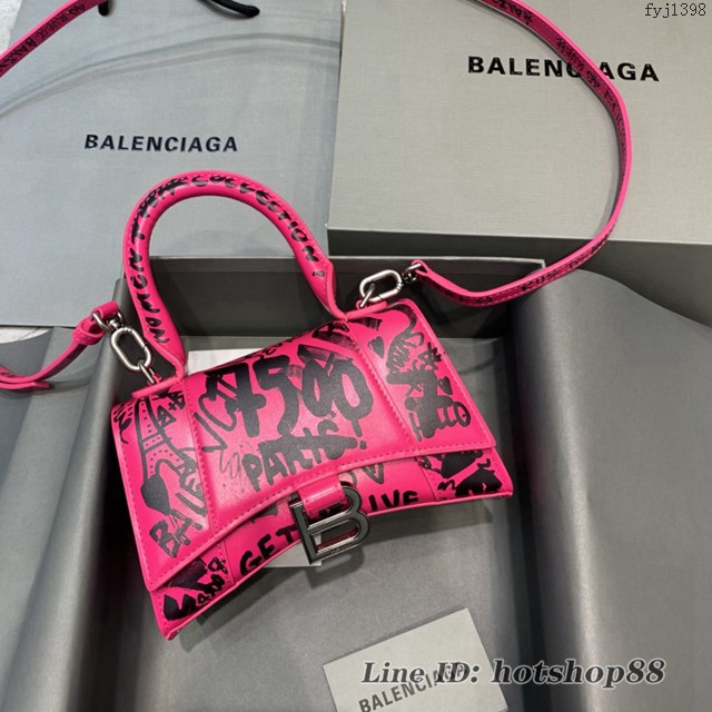 Balenciaga專櫃新款mini號手提肩背女包原單沙漏包 巴黎世家塗鴉玫紅色沙漏包 fyj1398