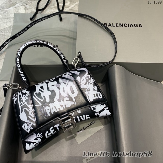 Balenciaga專櫃新款小號手提肩背女包原單沙漏包 巴黎世家黑色平紋塗鴉沙漏包 fyj1399