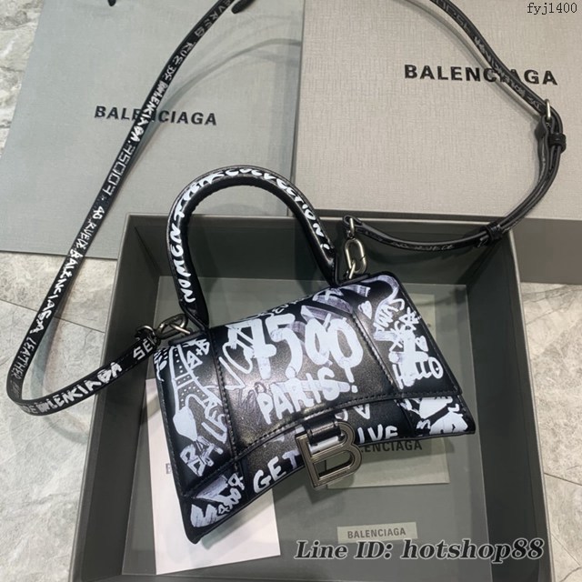 Balenciaga專櫃新款mini號手提肩背女包原單沙漏包 巴黎世家黑色平紋塗鴉沙漏包 fyj1400