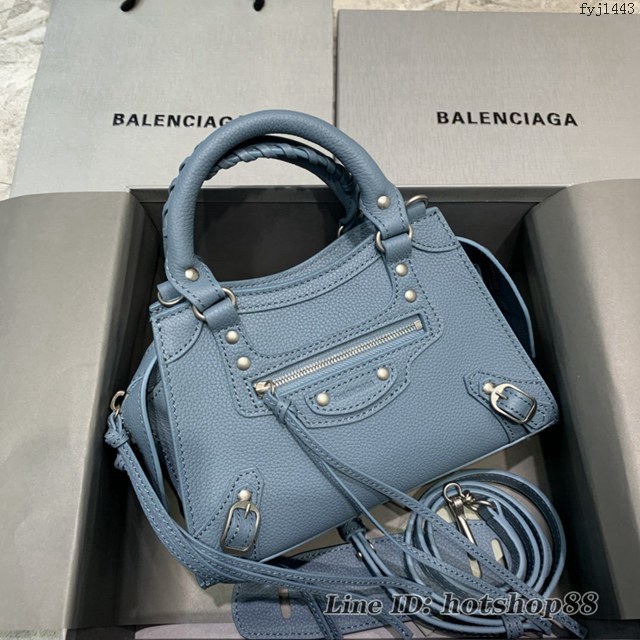 Balenciaga專櫃爆款荔枝紋霧霾藍色手袋手提包 638512 巴黎世家小號Neo Classic機車包 fyj1443