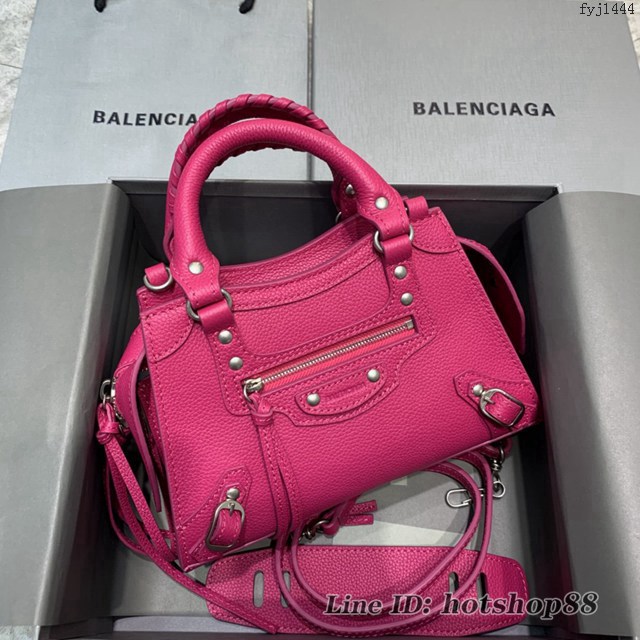 Balenciaga專櫃爆款荔枝紋玫紅色手袋手提包 638512 巴黎世家小號Neo Classic機車包 fyj1444