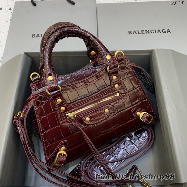 Balenciaga專櫃爆款鱷魚紋棗紅金扣手袋手提包 638512 巴黎世家小號Neo Classic機車包 fyj1447