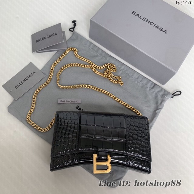 Balenciaga專櫃爆款鱷魚紋黑色金扣Hourglass mini鏈帶包 巴黎世家鏈條沙漏包 fyj1470