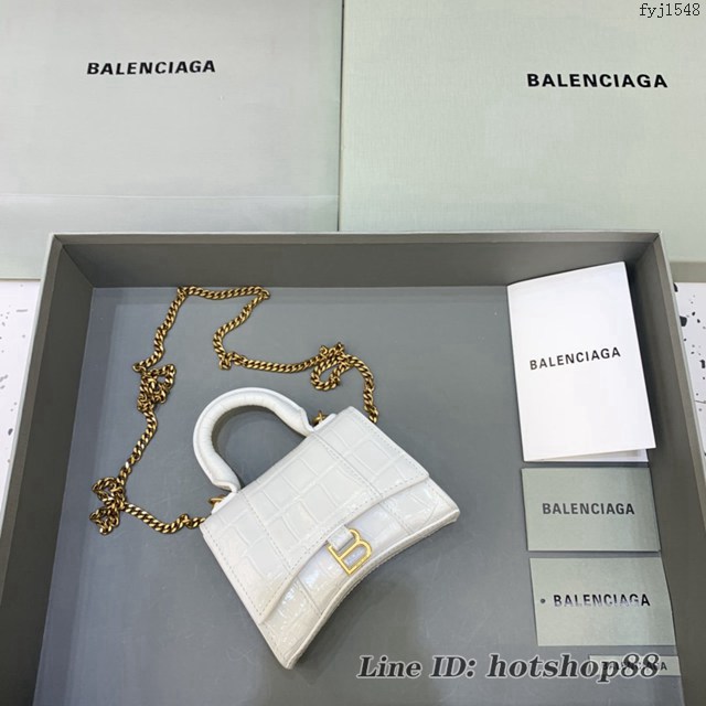 Balenciaga專櫃爆款mini Hourglass沙漏包 巴黎世家鱷魚紋白色金扣超迷你號手提肩背女包 fyj1548