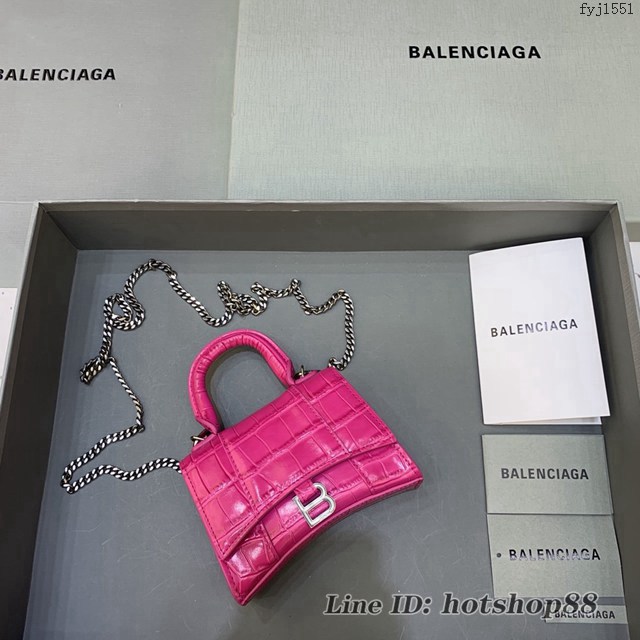 Balenciaga專櫃爆款mini Hourglass沙漏包 巴黎世家鱷魚紋玫紅超迷你號手提肩背女包 fyj1551