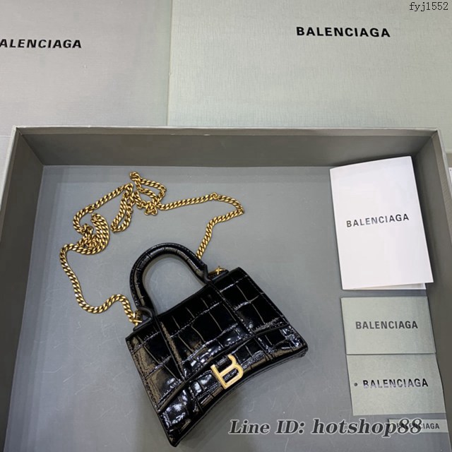 Balenciaga專櫃爆款mini Hourglass沙漏包 巴黎世家鱷魚紋黑色金扣超迷你號手提肩背女包 fyj1552