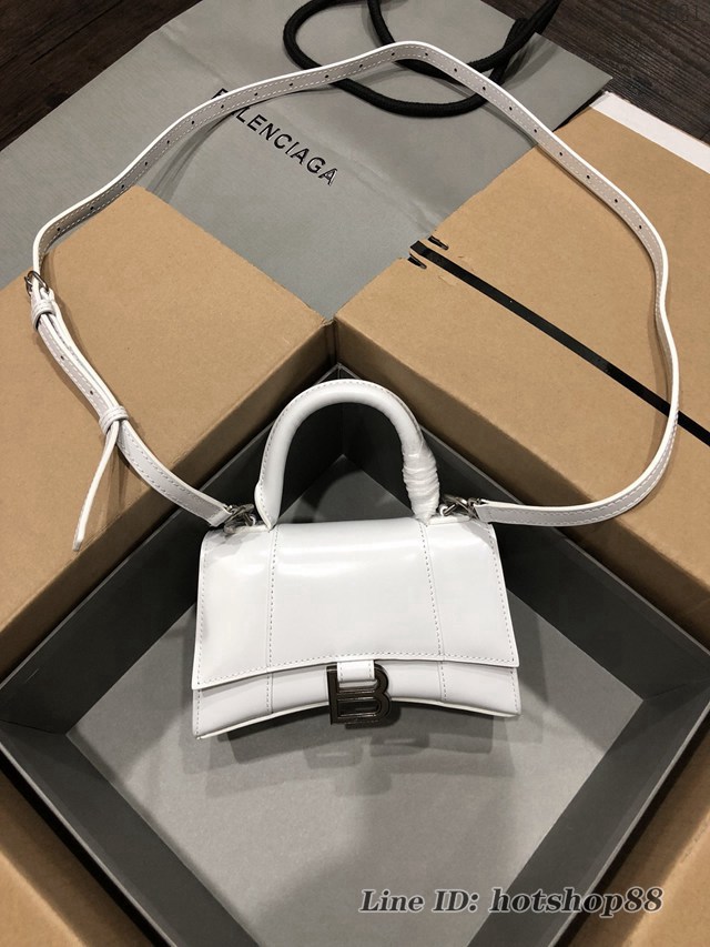 Balenciaga專櫃爆款小號手提女包 巴黎世家平紋白色銀扣Hourglass沙漏包 fyj1621