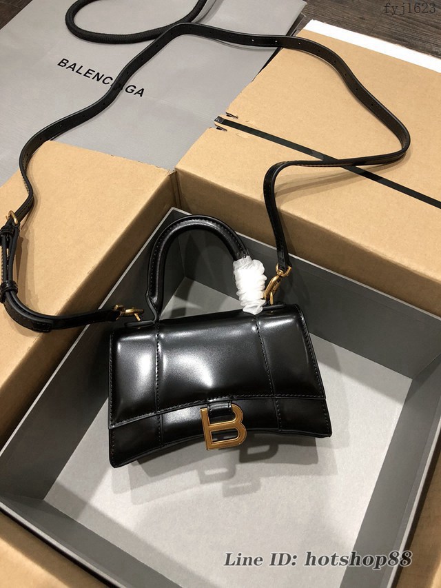 Balenciaga專櫃爆款小號手提女包 巴黎世家黑色平紋金扣Hourglass沙漏包 fyj1623