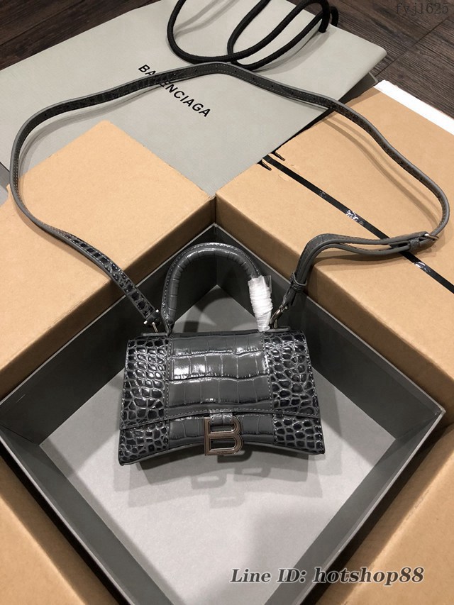 Balenciaga專櫃爆款小號手提女包 巴黎世家鱷魚深灰銀扣Hourglass沙漏包 fyj1625