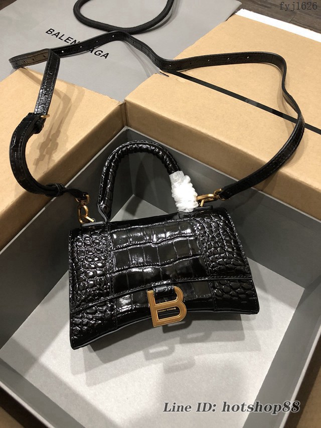 Balenciaga專櫃爆款大號手提女包 巴黎世家升級版鱷魚黑色金扣Hourglass沙漏包 fyj1626