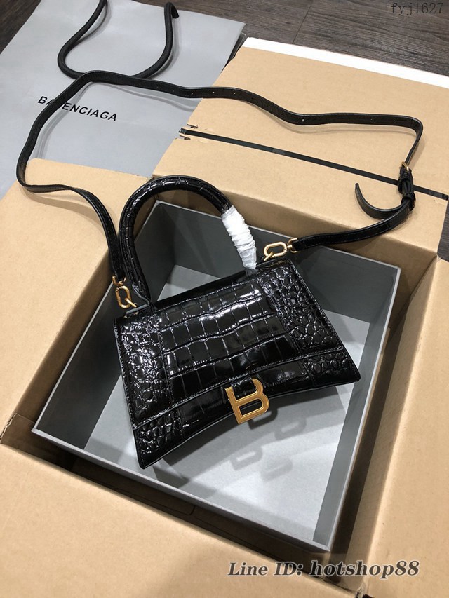 Balenciaga專櫃爆款小號手提女包 巴黎世家鱷魚黑色金扣Hourglass沙漏包 fyj1627