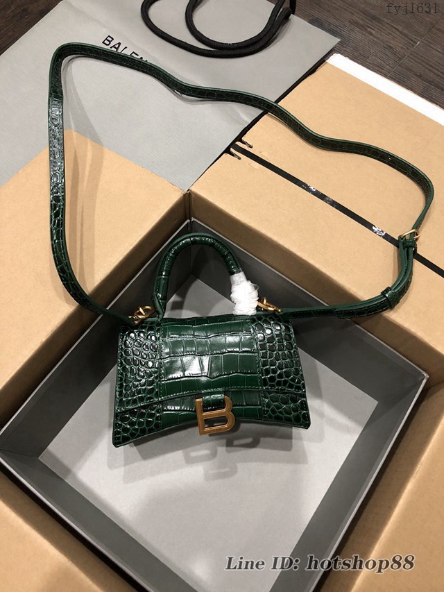 Balenciaga專櫃爆款小號手提女包 巴黎世家鱷魚墨綠色金扣Hourglass沙漏包 fyj1631