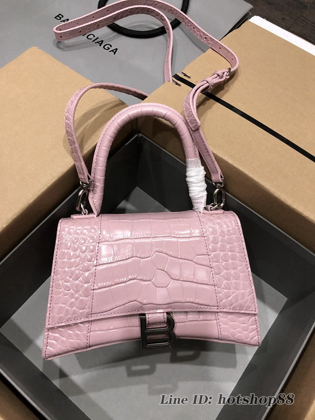 Balenciaga專櫃爆款大號手提女包 巴黎世家升級版鱷魚胭脂粉銀扣Hourglass沙漏包 fyj1632