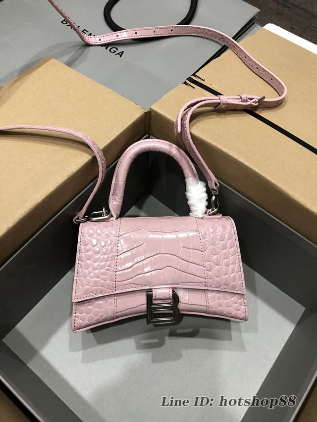 Balenciaga專櫃爆款小號手提女包 巴黎世家鱷魚胭脂粉銀扣Hourglass沙漏包 fyj1633