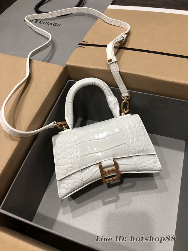 Balenciaga專櫃爆款小號手提女包 巴黎世家鱷魚白色金扣Hourglass沙漏包 fyj1635