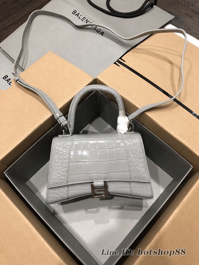 Balenciaga專櫃爆款大號手提女包 巴黎世家升級版鱷魚灰色銀扣Hourglass沙漏包 fyj1638