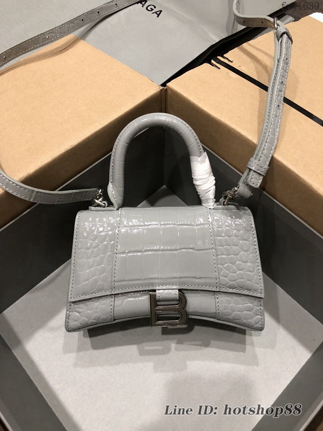 Balenciaga專櫃爆款小號手提女包 巴黎世家鱷魚灰色銀扣Hourglass沙漏包 fyj1639