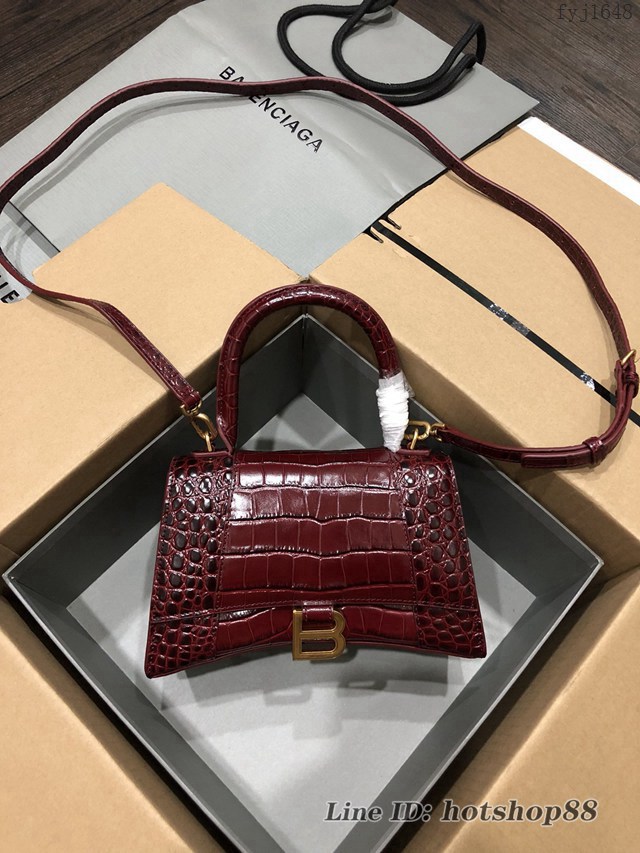 Balenciaga專櫃爆款大號手提女包 巴黎世家升級版鱷魚酒紅色金扣Hourglass沙漏包 fyj1648