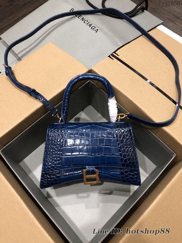 Balenciaga專櫃爆款大號手提女包 巴黎世家升級版鱷魚寶藍色金扣Hourglass沙漏包 fyj1650