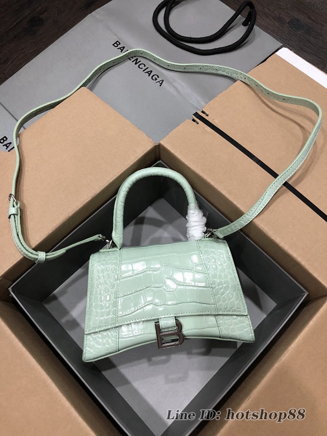 Balenciaga專櫃爆款大號手提女包 巴黎世家升級版鱷魚薄荷綠銀扣Hourglass沙漏包 fyj1662