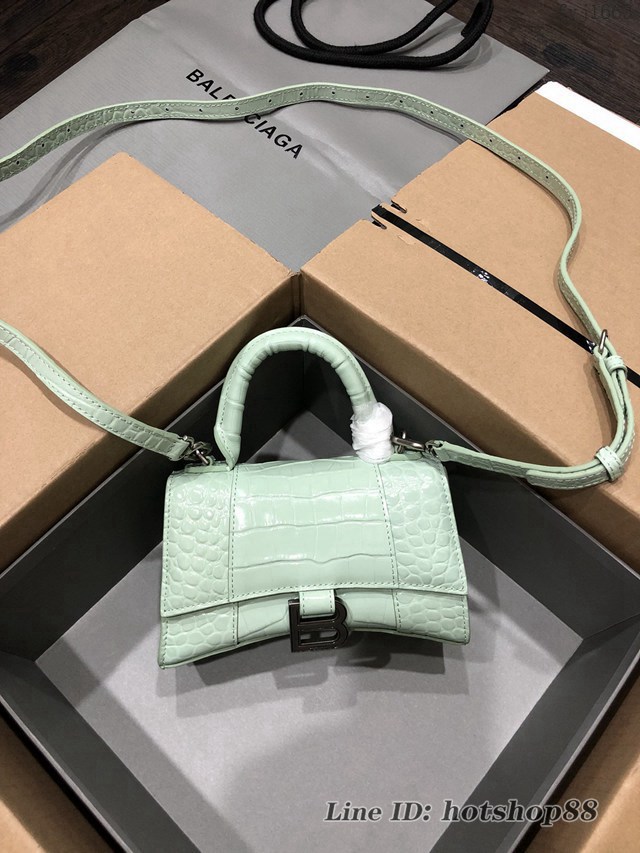 Balenciaga專櫃爆款小號手提女包 巴黎世家鱷魚薄荷綠銀扣Hourglass沙漏包 fyj1663