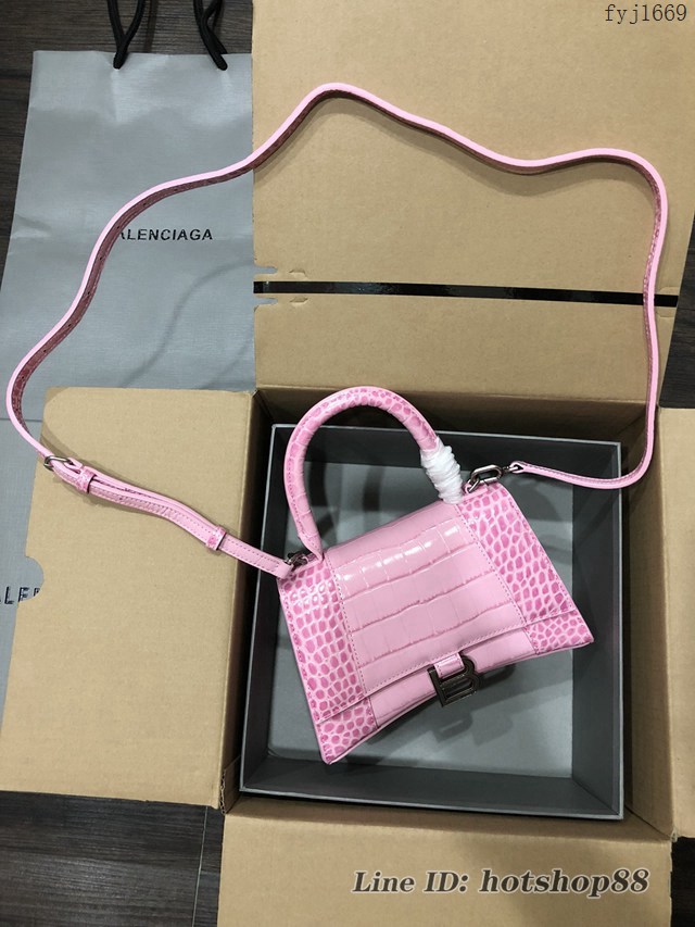 Balenciaga專櫃爆款小號手提女包 巴黎世家鱷魚櫻花粉Hourglass沙漏包 fyj1669