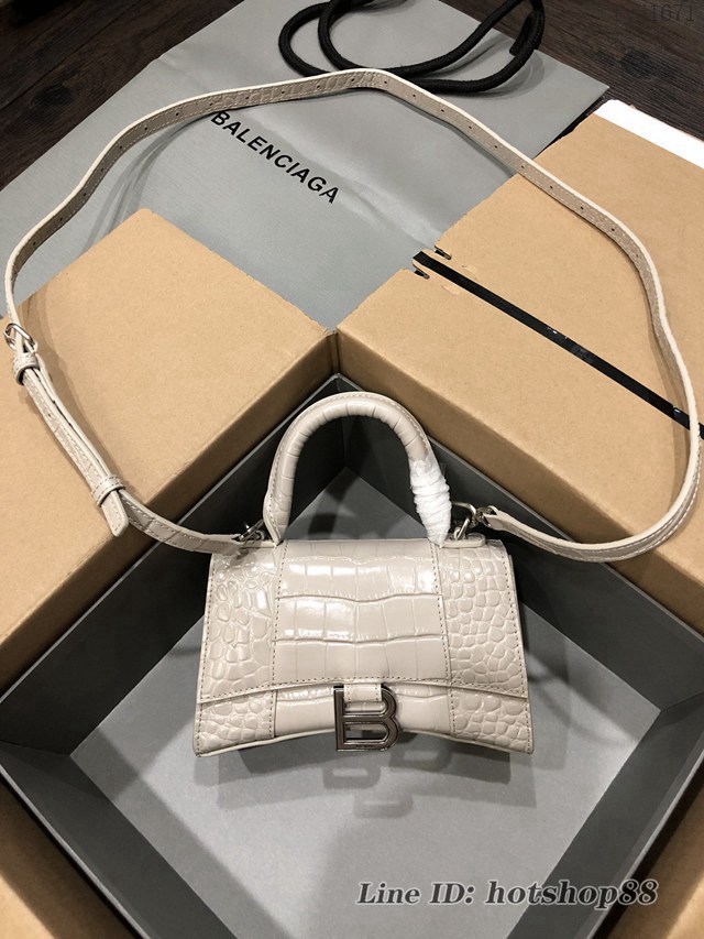 Balenciaga專櫃爆款小號手提女包 巴黎世家鱷魚灰白銀扣Hourglass沙漏包 fyj1671