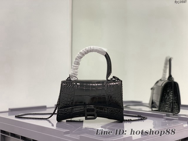 Balenciaga專櫃爆款xs小號手提女包 巴黎世家黑色鱷魚紋Hourglass鏈條沙漏包 fyj1697