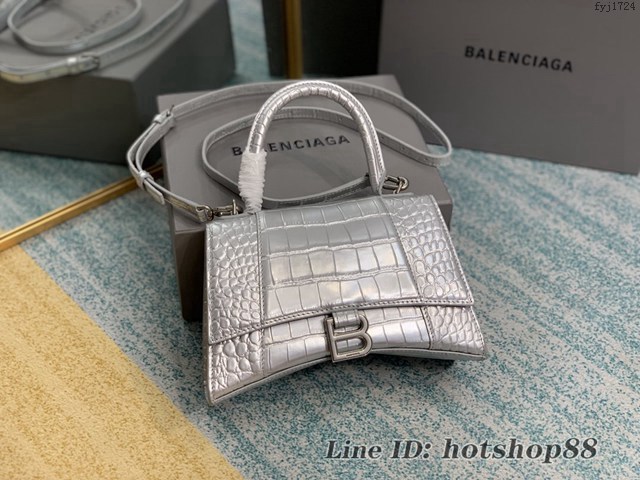 Balenciaga專櫃爆款Hourglass沙漏包 巴黎世家銀色鱷魚紋中號手提包 fyj1724