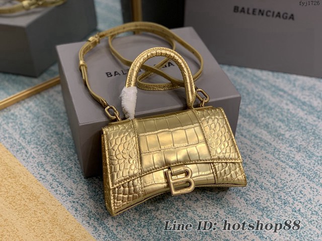 Balenciaga專櫃爆款Hourglass沙漏包 巴黎世家銀色鱷魚紋小號手提包 fyj1726