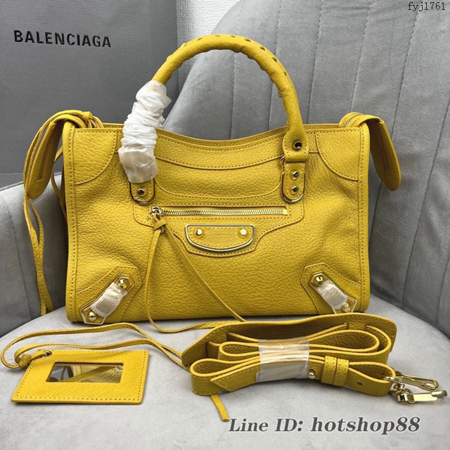 Balenciaga專櫃爆款金釘黃色義大利進口山羊皮中號機車包 巴黎世家原單經典手提機車包 fyj1761