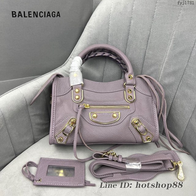 Balenciaga專櫃爆款金扣香芋色義大利進口山羊皮迷你機車包 巴黎世家原單經典手提機車包 fyj1781