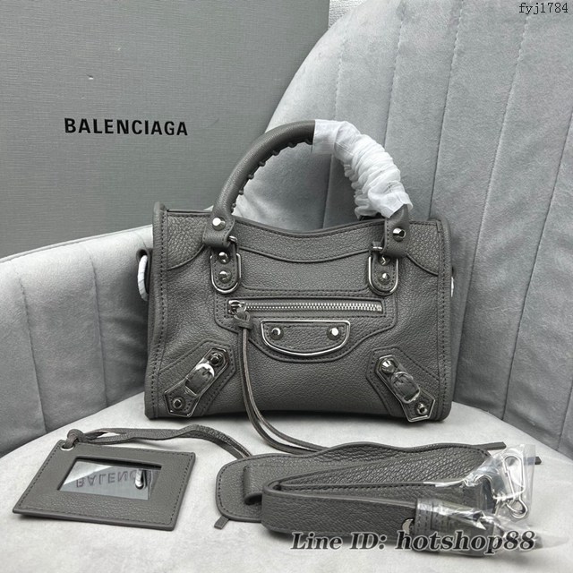 Balenciaga專櫃爆款銀扣深灰義大利進口山羊皮迷你機車包 巴黎世家原單經典手提機車包 fyj1784