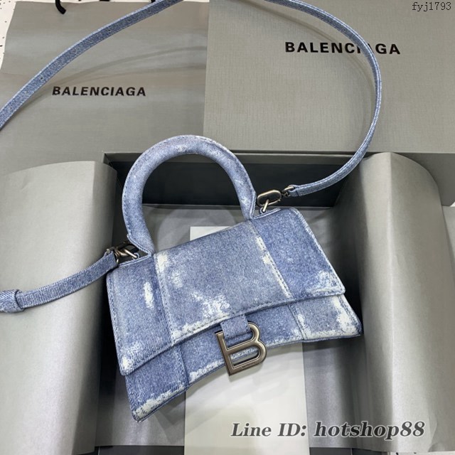 Balenciaga專櫃爆款女士mini號手提包 巴黎世家藍色牛仔沙漏包 fyj1793