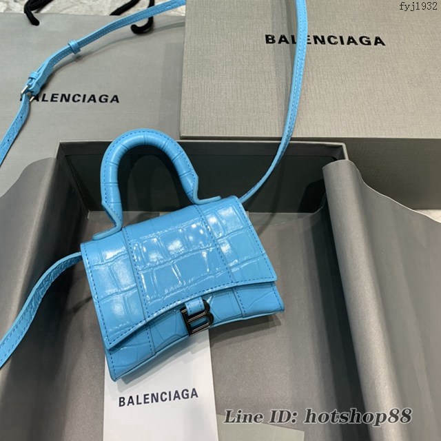 Balenciaga專櫃爆款迷你鱷魚水彩藍手提女包 巴黎世家mini Hourglass沙漏包 fyj1932