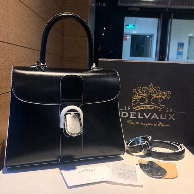 Delvaux全新box皮黑配白邊brillant手提女包 德爾沃專櫃專櫃經典款黑色手袋 bxs1058