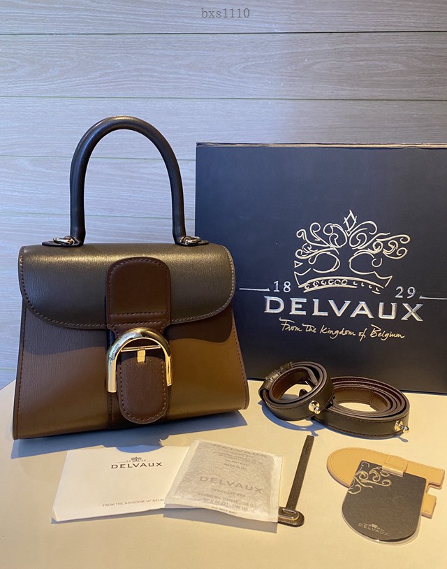 Delvaux專櫃新款咖啡三拼比利時手提肩背女包 德爾沃新版雙環brillant box皮小號手袋 bxs1110