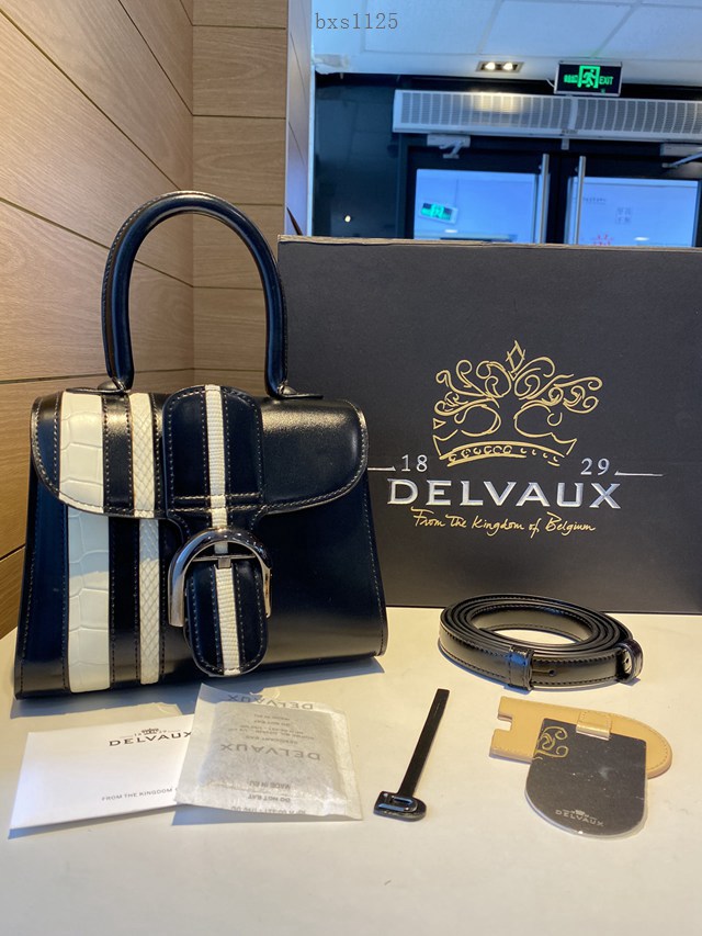 Delvaux全新BL系列德爾沃專櫃黑色/白色box皮白色蜥蜴紋與紋與蟒蛇紋相間雙用手提斜挎包 bxs1125