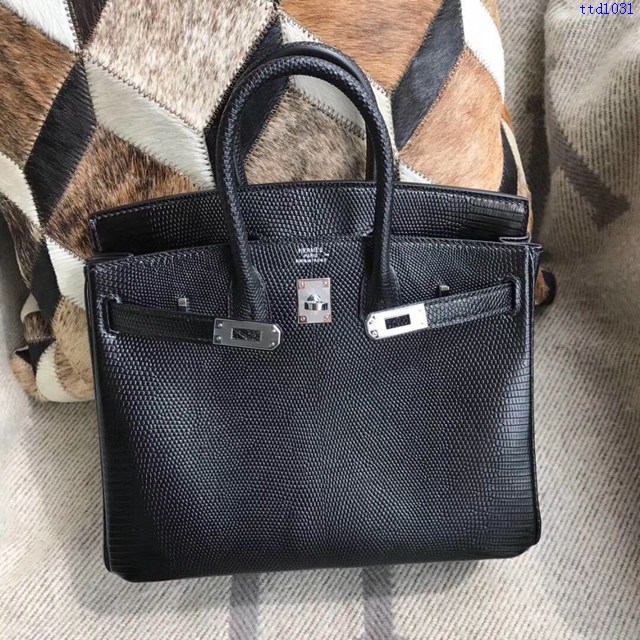 Hermes專櫃經典款手提女包 愛馬仕birkin25 進口蜥蜴皮 黑色銀扣 純手工蠟線 ttd1031