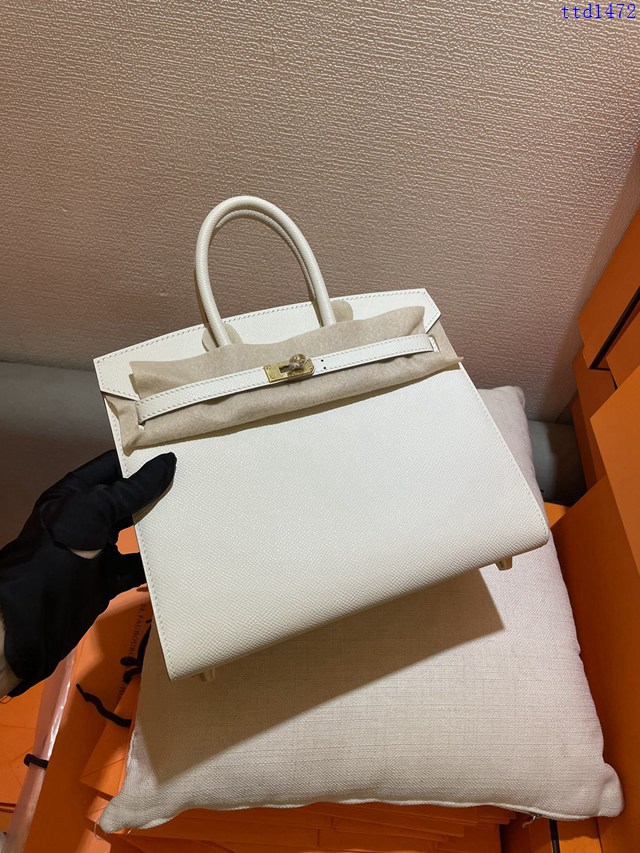 Hermes專櫃經典款Epsom原廠掌紋皮鉑金女包 愛馬仕Birkin25cm外縫ck10奶昔白 ttd1472