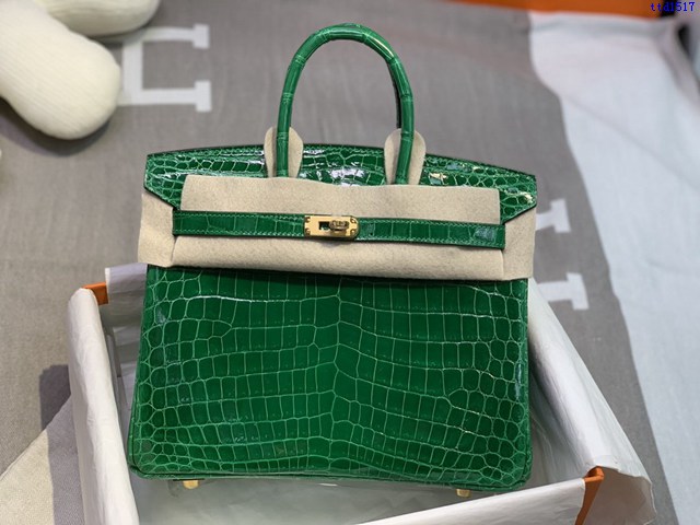 Hermes專櫃經典款鱷魚皮包 愛馬仕birkin25翠綠色尼羅高光三張皮銀扣全手工 ttd1517