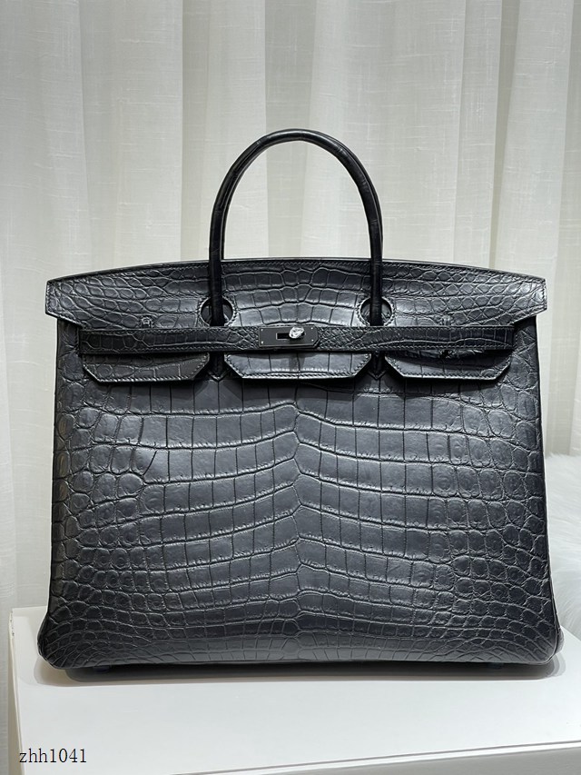 Hermes專櫃Birkin40CM手提男女包 愛馬仕非洲尼羅鱷鱷魚黑扣蠟線手工縫製鉑金包 zhh1041