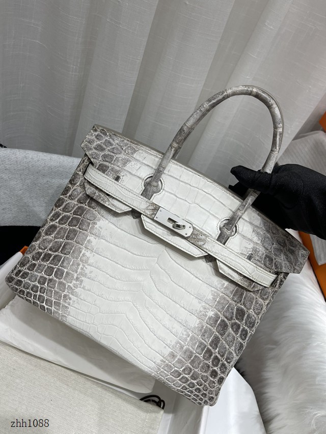 Hermes專櫃鉑金手提女包 愛馬仕Birkin30喜馬拉雅白尼羅鱷蜜蠟線全手工縫製手袋 zhh1088