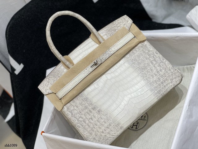 Hermes專櫃鉑金手提女包 愛馬仕Birkin30喜馬拉雅白尼羅鱷蜜蠟線全手工縫製手袋 zhh1089