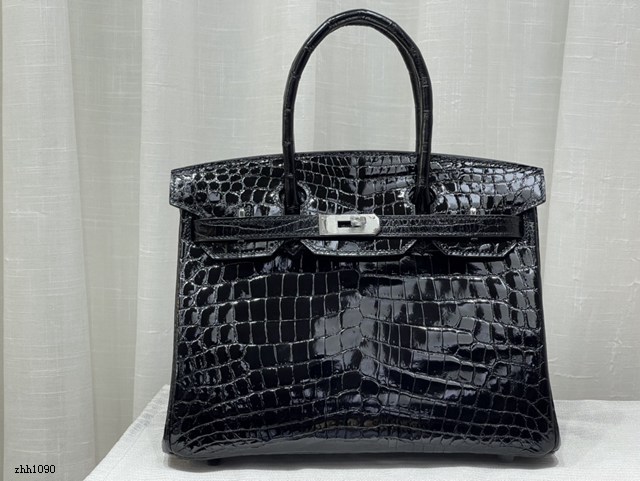 Hermes專櫃鉑金手提女包 愛馬仕Birkin30黑色高光尼羅鱷魚肚皮蜜蠟線全手工縫製手袋 zhh1090