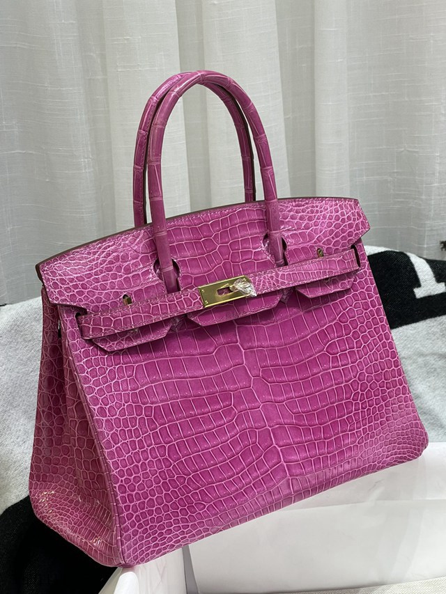 Hermes專櫃經典款鉑金手提女包 愛馬仕birkin30亮面倒v金扣全手工包包 zhh1114