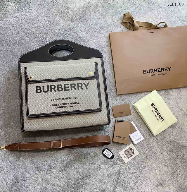 Burberry專櫃新款大號41cm撲克包 巴寶莉焦糖咖啡奶油白手提托特包 yxb1103