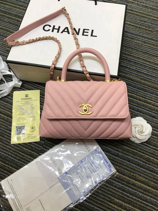 CHANEL女包 A92990 最新v字紋 細顆粒壓花小牛皮 手柄包 Chanel單肩斜挎包 香奈兒手提包 小號口蓋包 djc1684