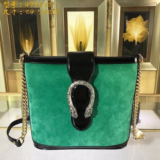 Gucci女包 499622 古馳絨面綠色鏈條單肩包 虎頭扣 Gucci酒神流浪包  gqy1074